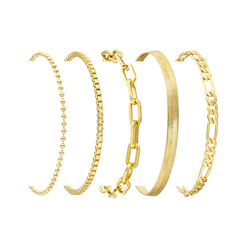 Gold Bracelets Set for Women, Dainty Stackable Layered Bracelet | 14K Gold Plated Adjustable Waterproof Non-Tarnish Paperclip & Curb Link Chain Jewelry Sets Gifts - color: Gold