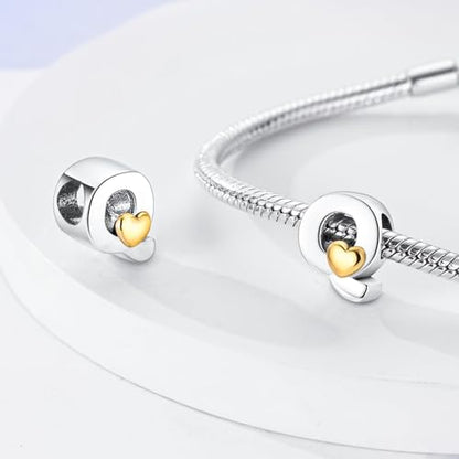 Two-Tone Gold Heart S925 Silver Letter Charm Fits Pandora Bracelet Necklace | Initial Bead Two-Tone Gold Heart, DIY European Bracelet Accessory, Gift for Ladies Birthday Anniversary Valentine - style: Q