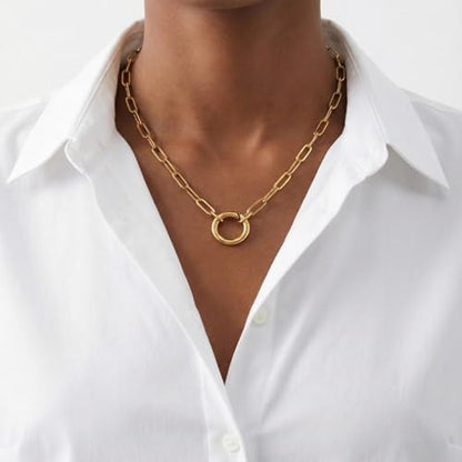 14K Gold Plated Paperclip Chain Necklace，Open Carabiner Spring Clasp for DIY Add-On Pendant Adjustable Gold Necklace for Women - color: GOLD