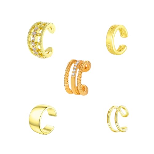 Rnivida 14K Gold Plated Ear Cuffs Single and Multi Band Earring Non Piercing,Various Styles Ear Wraps Earring,3Pcs,5Pcs - color: Gold-5Pcs