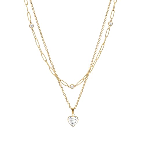 Birthstone Layered Pendant Paperclip Necklace 18k Gold Plated Heart Choker Chain Necklace Emerald Cut Jewelry Birthday Gift for Women - color: Heart Diamond