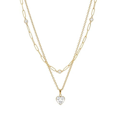 Birthstone Layered Pendant Paperclip Necklace 18k Gold Plated Heart Choker Chain Necklace Emerald Cut Jewelry Birthday Gift for Women - color: Heart Diamond