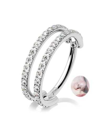 Nose Ring Hoop, 316L Stainless Steel Double Nose Rings, 20G Nose Piercing Jewelry for Women, Clear CZ Helix Cartilage Septum Nose Hoops - color: Silver-6mm