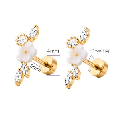 Stainless Steel Flower Pearl CZ Ear Crawler Earrings for Women, 1 Pair 16G Mother of Pearl Cubic Zirconia Screw Back Flat Back Stud Earrings, Dainty Sparkly Hypoallergenic Jewelry for Sensitive Ears - color: Gold