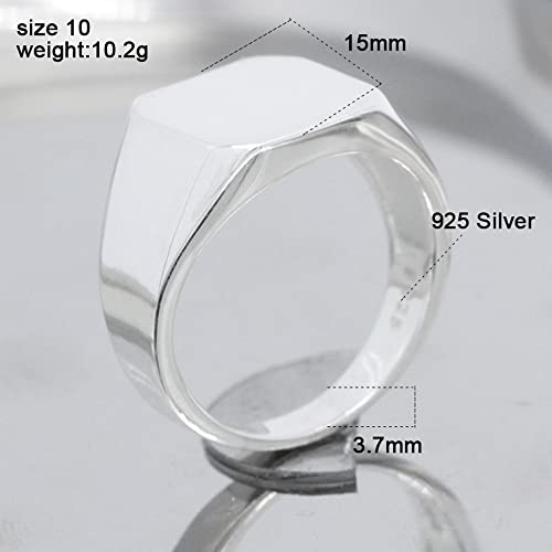 Solid 925 Sterling Silver Men's Ring Square Classic Simple Finger Rings for Men and Women Couples Wedding Ring Jewelry - size: 10