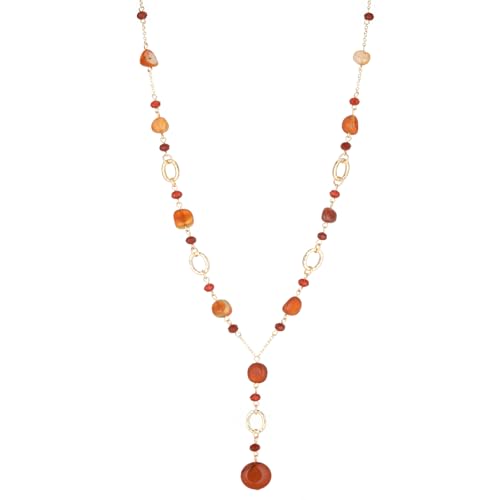 FULU AUTUMN Long Gold Beaded Necklaces for Women Natural Stone Bead Statement Pendant Necklace Y Sweater Chain Fashion Jewelry Gifts - color: Red