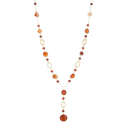 FULU AUTUMN Long Gold Beaded Necklaces for Women Natural Stone Bead Statement Pendant Necklace Y Sweater Chain Fashion Jewelry Gifts - color: Red