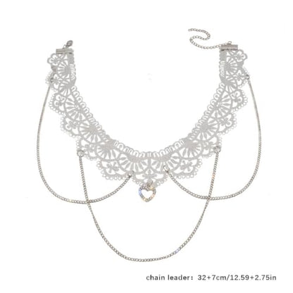 Lace Heart Choker Necklace, Multi-Layer Tassel Gothic Lolita Jewelry | Lace choker with heart pendant and multi-layer tassels. Romantic gothic aesthetic, perfect for lolita or edgy party looks.
