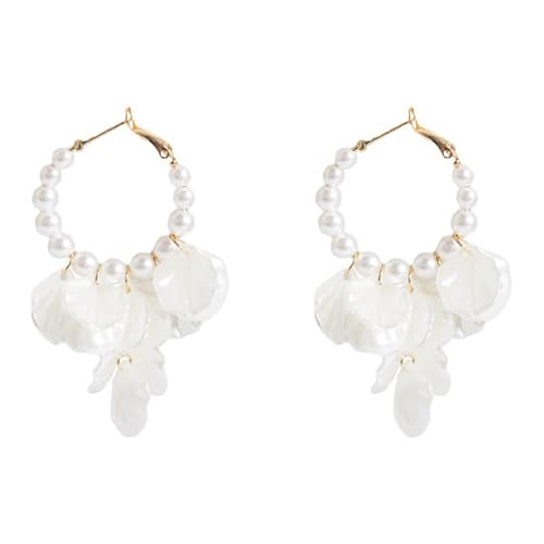 Seashell Pearl Stud Earrings for Women Ocean Sea Theme Sweet Double Layer Acrylic Shell Lightweight Dangle Drop Earrings for Summer Beach Holiday Halloween Party Jewelry Accessories - color: Pearl hoop earrings