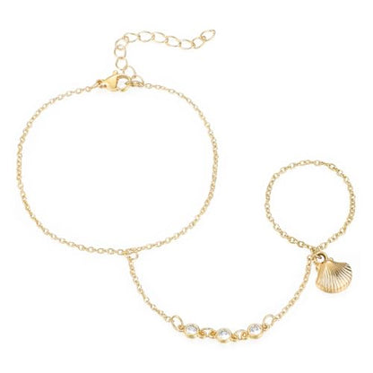 Emibele Gold Bracelets for Women, 18K Gold Plated Hand Chain, Cubic Zirconia Stainless Steel Non Tarnish Hand Chain Bracelet with Finger Ring, Adjustable Trendy Jewelry Valentines Day Gifts for Women - style: Shell Design