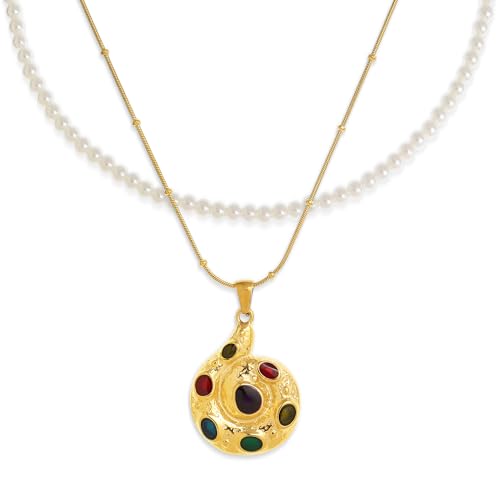 Gold Pendant Pearl Layered Choker Necklace Set for Woman, Chunky Charm Adjustable Pearls Bead Gemstone Shell Conch Tiger Eye Natural Stone Bow Chain Nacklaces Fall Fashion Prom Jewelry Gift. - color: Gem