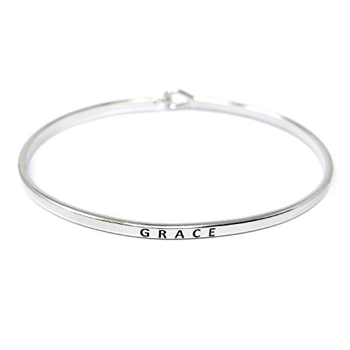 by you Inspirational Positive Message Engraved Thin Cuff Bangle Hook Bracelet - color: Grace-Silver