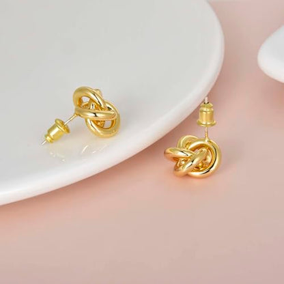 Love Knot Stud Earrings for Women Gold Plated Knot Earrings Geometric Twisted Statement Earrings Trendy Jewelry - color: Gold 13.5mm Knot