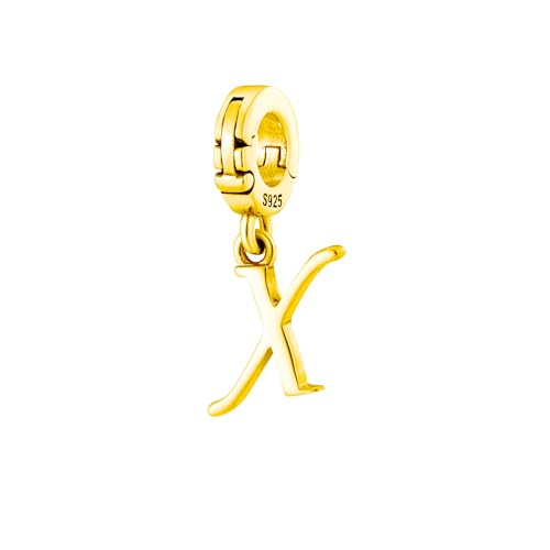 A-Z Alphabet Letters Versatile Clip On Open Multi-Clasp Pendant 925 Sterling Silver Charm For Pandora & Other Link Charm Bracelets/Necklaces/Anklets/Etc - color: Yellow Gold, size: X