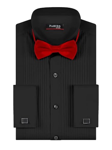 FAHIZO Men's White Tuxedo Shirt with Wing Collar, French Cuffs & Accessories - color: Bow Tie/Black, size: Medium