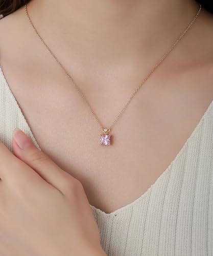 18K Gold-Plated Non Tarnish Birthstone Necklace for Women, 5A Princess Cut Cubic Zirconia Pendant, Birthday Anniversary Valentine's Gift, 18-20 Inches - color: 8-Aug-Olive Green