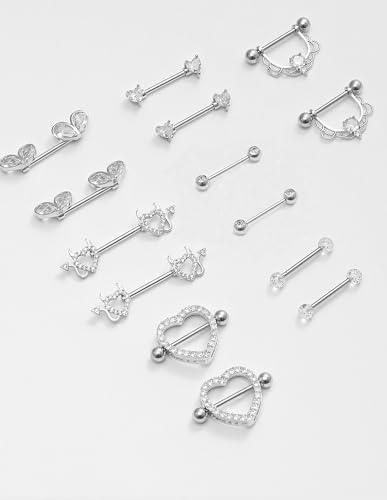 7 Pairs Nipple Rings for Women 14G Stainless Steel Pink CZ Heart Devil Acrylic Ball Straight Barbell Nipple Bars Tongue Rings Set Cute Nipplerings Piercing Jewelry Sliver Tone - color: White