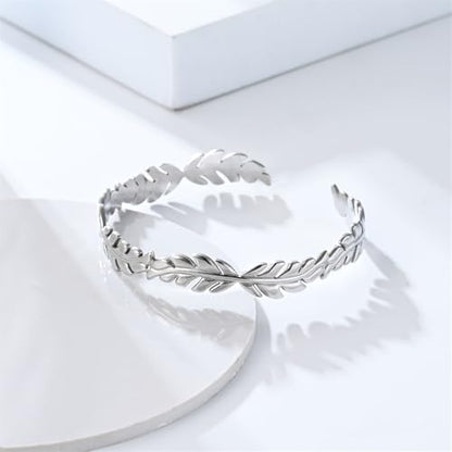 Womens Cuff Bracelets Heart Open Bangle Jewelry - color: Leaf Silver