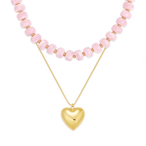 YUJIE Chunky Heart Pendant Necklace for Women- Exaggerated Statement Puff Heart Necklace with Acrylic Beaded Chain - color: B-PINK
