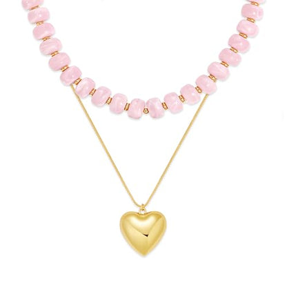 YUJIE Chunky Heart Pendant Necklace for Women- Exaggerated Statement Puff Heart Necklace with Acrylic Beaded Chain - color: B-PINK