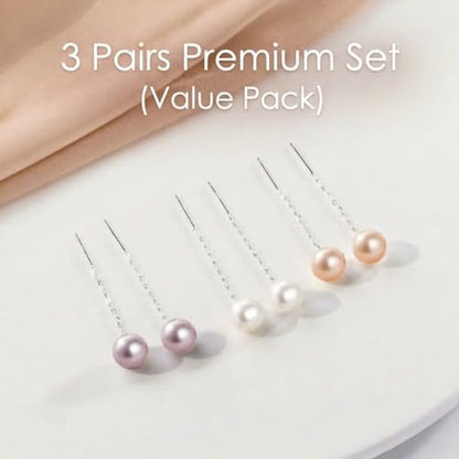 3-Pair S999 Sterling Silver Real Pearl Threader Earrings for Women