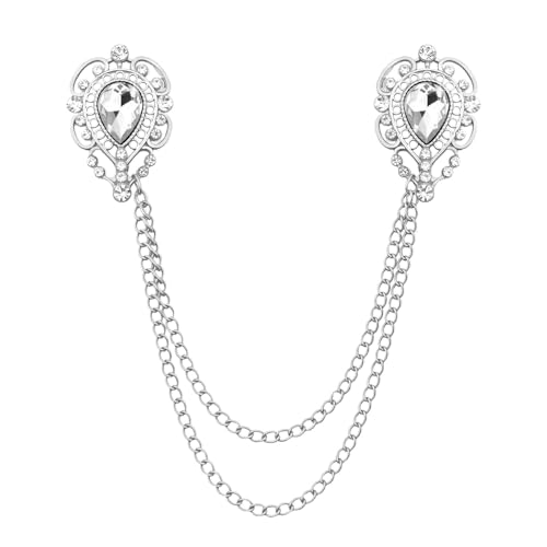 Teardrop Rhinestone Brooch Mens Lapel Pins for Shirt Collar Hanging Chain Brooch Suit Pin Crystal Rhinestone Lapel Pins for Men - color: White-J