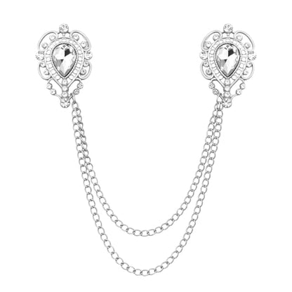 Teardrop Rhinestone Brooch Mens Lapel Pins for Shirt Collar Hanging Chain Brooch Suit Pin Crystal Rhinestone Lapel Pins for Men - color: White-J