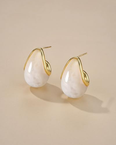 SNGIA Oval C Shape Chunky Dangle 18K Gold Plated Hoops with Colored Resin Gemstone Statement Earrings for Women by SNGIA, (Green, Brown, Blue, Pink, White, Cream), Long Bold Drop Handmade Exaggerated Irregular Trendy Bohemian Jewelry Gifts, Unique Danglin