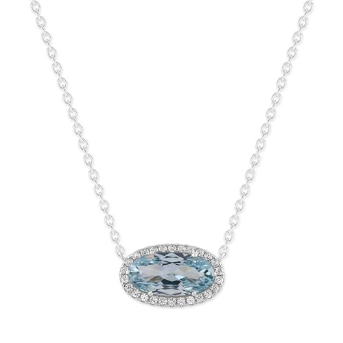 Belacqua Gemstone Necklace in Sterling Silver,Halo Pendant with Accent, Oval Cut 6 * 12mm, 15" Cable Chain with 2" Extender, Spring Ring Clasp, Dainty Birthstone Necklace for Women, Gift Box Included - color: 03-March-Aquamarine-Light Blue Sapphire