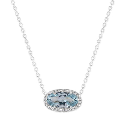Belacqua Gemstone Necklace in Sterling Silver,Halo Pendant with Accent, Oval Cut 6 * 12mm, 15" Cable Chain with 2" Extender, Spring Ring Clasp, Dainty Birthstone Necklace for Women, Gift Box Included - color: 03-March-Aquamarine-Light Blue Sapphire