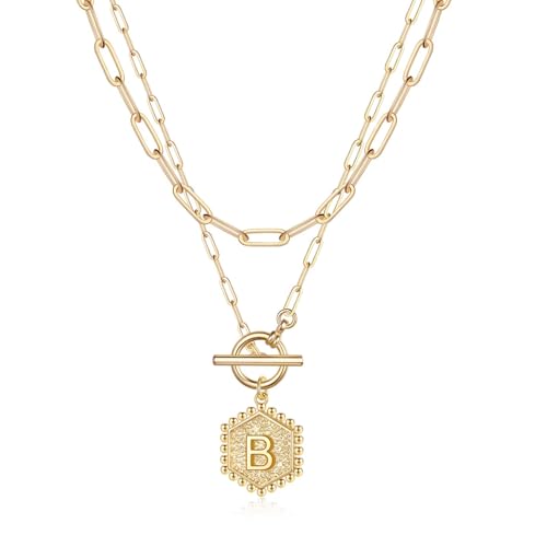 IEFWELL Layered Gold Necklaces for Women, Letter A-Z Initial Necklaces | Necklaces for Women Girls, 14K Gold Plated, Paperclip Chain Necklace, Toggle Clasp Layered Necklace, Jewelry Birthday Gift - size: 16"+2"/20"+2", style: B