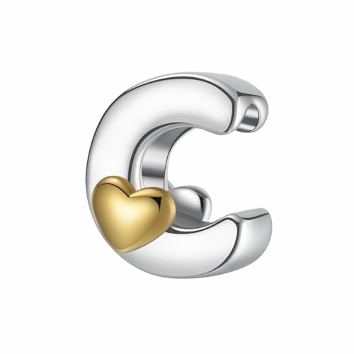 A~Z Alphabet Charm Letter Beads 925 Sterling Silver with Heart-shaped 5A Cubic Zircon Stones fits Pandora European Bracelets Necklace Jewelry Gift for Women - style: C Letter Charms