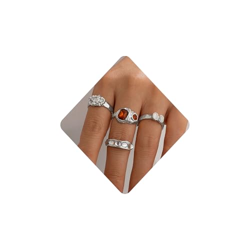 ZMANYIJEW Chunky Gold Rings Set for Women 14K Thick Dome Statement Rings Stackable Finger Knuckle Open Rings Punk Vintage Jewelry - color: 554-4pcs Silver B