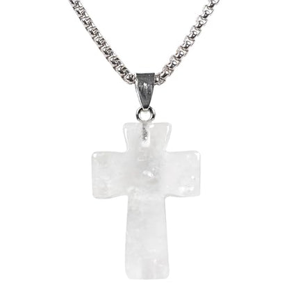 Justinstones 32mm Gemstone Carved Cross Reiki Chakra Pendant With Stainless Steel Necklace 22 Inch - color: White Clear Quartz