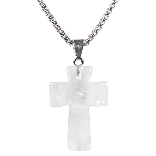 Justinstones 32mm Gemstone Carved Cross Reiki Chakra Pendant With Stainless Steel Necklace 22 Inch - color: White Clear Quartz