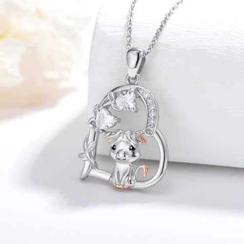 Heart Animal Necklace 925 Sterling Silver Cute Animal Pendant Jewelry Birthday Gifts for Women Girlfriend Mom Animal Lovers - style: 3-1 Highland Cow