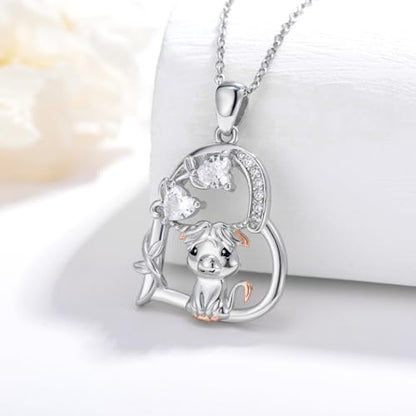 Heart Animal Necklace 925 Sterling Silver Cute Animal Pendant Jewelry Birthday Gifts for Women Girlfriend Mom Animal Lovers - style: 3-1 Highland Cow
