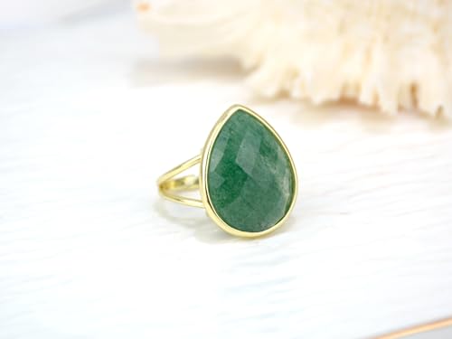Crystal Ring for Women, Natural Rose Quartz Green Fluorite Ring for Her, Teardrop Shape Gemstone Ring, Handmade rose quartz Jewelry Adjustable Ring. - color: Green Strawberry Quartz