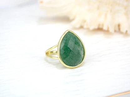 Crystal Ring for Women, Natural Rose Quartz Green Fluorite Ring for Her, Teardrop Shape Gemstone Ring, Handmade rose quartz Jewelry Adjustable Ring. - color: Green Strawberry Quartz