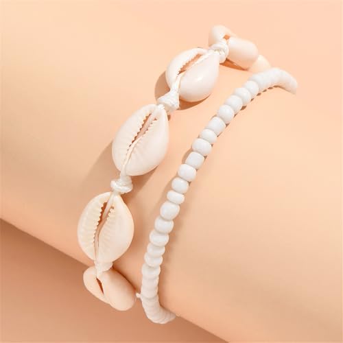 Shell Ankle Bracelet Set for Women,Boho Adjustable Beads Anklet Pack Natural White Shells Stack Stretch Seashell Pearl Starfish Bracelet Set Hawaiian Beach Vacation Foot Jewelry - style: J-Shell Beads