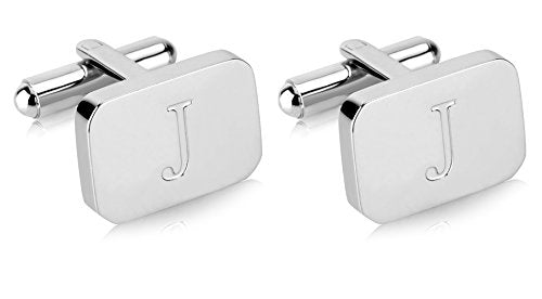 18K White-Gold Plated Initial Engraved Stainless Steel Men’s Cufflinks With Gift Box -Personalized Alphabet Letter’s A-Z By Lux & Pair - style: J- White Gold