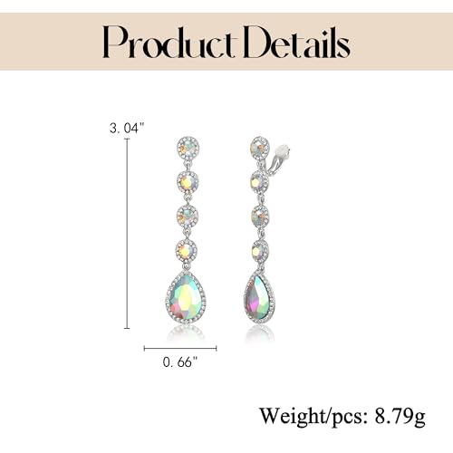EleQueen Women's Wedding Crystal Teardrop Pear Shape 3 Inch Clip on Long Dangle Earrings for Bride Bridesmaid, Jewelry for Party Prom/Anniversary - color: AB Iridescent Silver-Tone