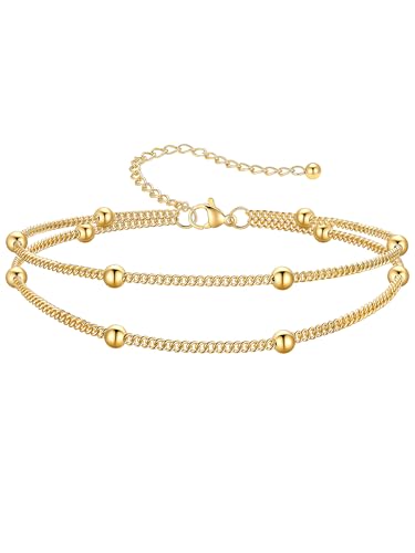 PROSTEEL Anklets for Women Waterproof, Silver/Gold/Black, Stainless Steel | Layered Anklets, Stainless Steel, Durable& No Tarnish, Summer Beach Jewelry, with Gift Box, 8-10.5" Adjustable, Plus Size - color: Gold, size: Layer Ball Station