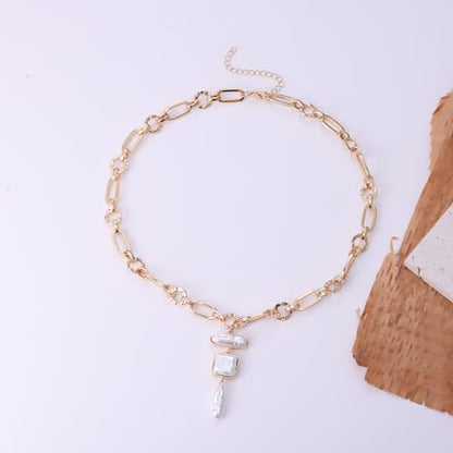 Statement Pearl and Chain Necklace,Mixed Chain and Trendy Organic Pearl Choker,Chunky Necklaces for Women