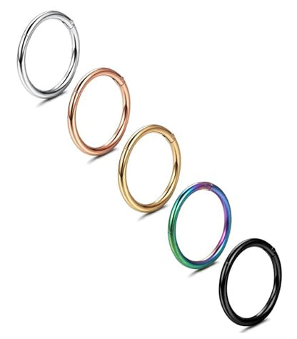 Jstyle 5Pcs 316L Surgical Steel Septum Rings Nose Rings Hoop 16G 18G 20G Hinged Clicker Hoop Nose Rings for Women Men Cartilage Hoop Earring Lip Helix Rook Tragus Conch Septum Nose Piercing Jewelry - style: 18G 8MM