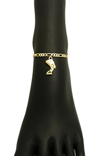 Fashion 21 Women's Cross, Ankh, Queen Nefertiti Piece 10 inches Figaro Chain Anklet Foot Bracelet in Gold Tone - style: Side Face Nefertiti / Figaro