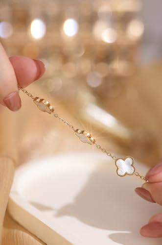 Clover Necklace and Bracelet Set + Four Leaf Clover Earrings, 18K Gold Plated Dainty Jewelry Gift for Women (Pearl White/Ocean Blue/Sweet Lilac) - color: Pearl White