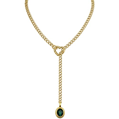 Heart Slip Chain Necklace for Women, Cuban Chain with Removable Heart O-Ring and Crystal Pendant, Adjustable Y Lariat Necklace - color: Gold-Green-27