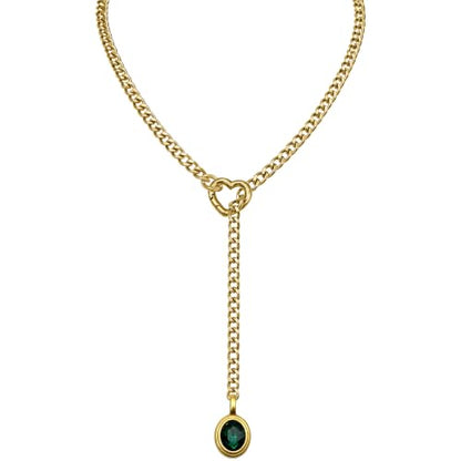 Heart Slip Chain Necklace for Women, Cuban Chain with Removable Heart O-Ring and Crystal Pendant, Adjustable Y Lariat Necklace - color: Gold-Green-27