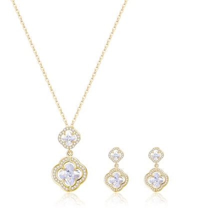 14K Gold Plated | 14K Platinum Plated Necklace for Women Necklace Earrings Set with Sparkling Zircon Inlay and Silver Post Earrings - color: Double floral necklace set silver